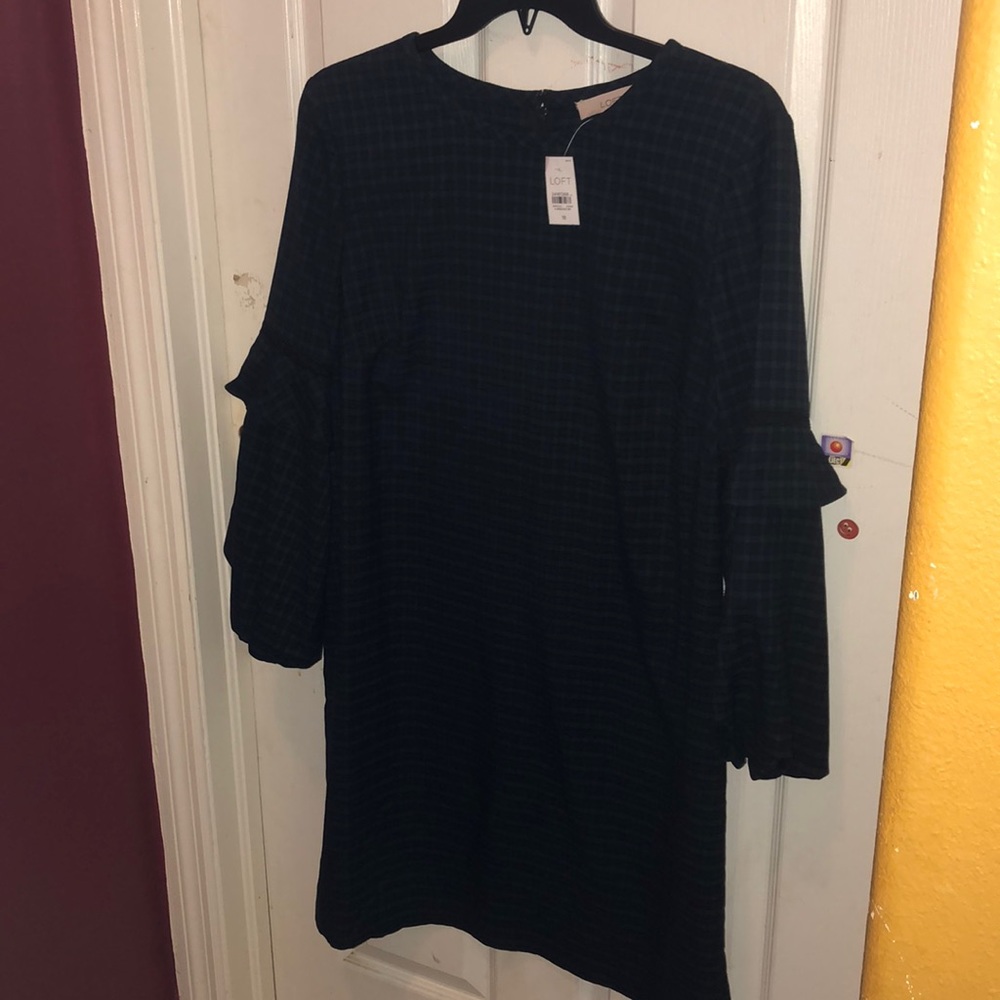 Loft Dark Navy and Green Plaid Dress